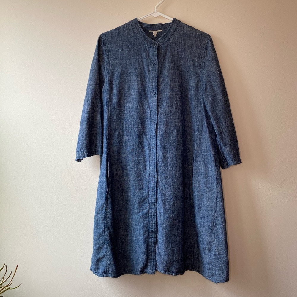Eileen Fisher Chambray Dress with Three-Quarter Sleeves, Size Medium
